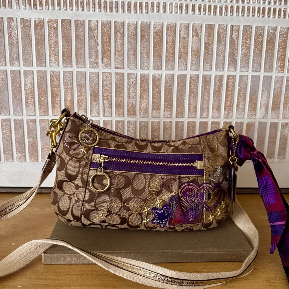 RARE Coach Poppy Tartan Applique Groovy Crossbody Shoulder Bag Brown Monogram - Picture 14 of 16